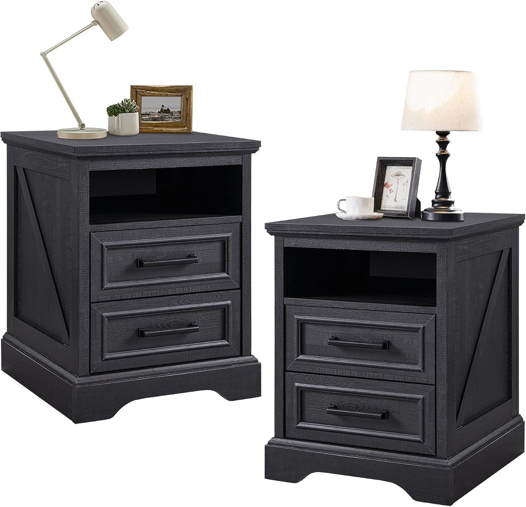 ACCOHOHO 18' Farmhouse Nightstand Set of 2 with Charging Station,End Table with 2 Drawers Storage,Side Table,Bedside Cabinet for Bedroom,Living Room, Black