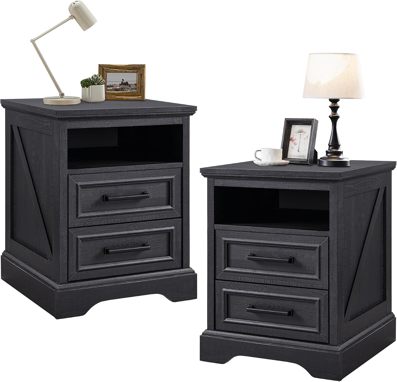 ACCOHOHO 18' Farmhouse Nightstand Set of 2 with Charging Station,End Table with 2 Drawers Storage,Side Table,Bedside Cabinet for Bedroom,Living Room, Black
