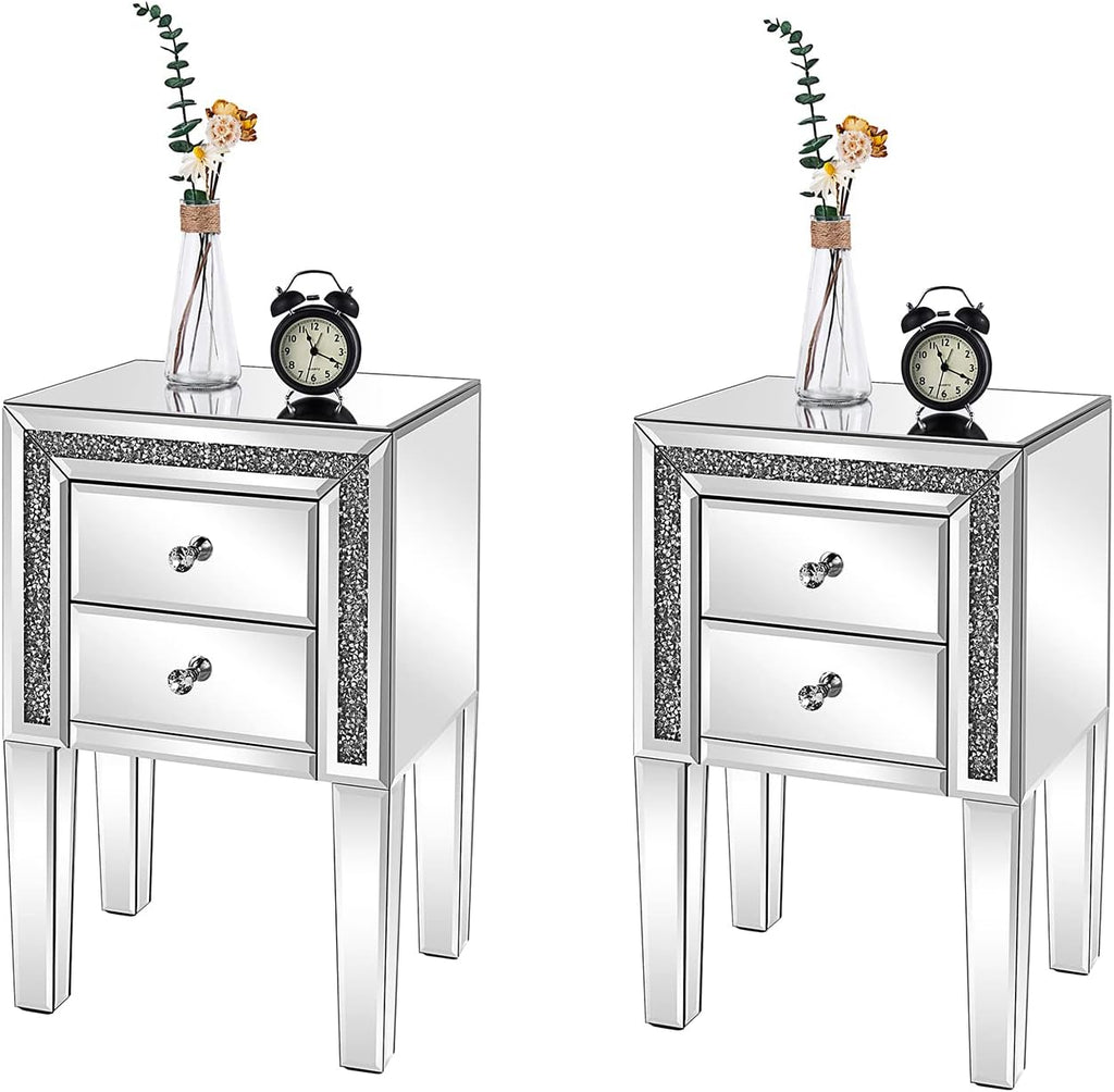 VINGLI Mirrored Nightstand Set of 2 Silver Glass Sofa/Couch Side Tables Bedroom End Tables with Storage, 24.8 inch Tall