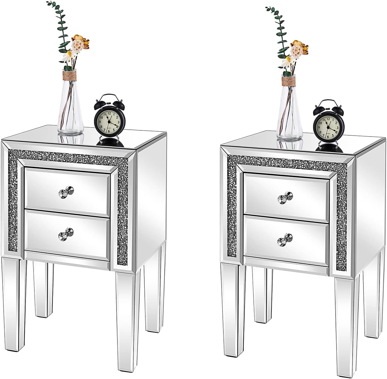 VINGLI Mirrored Nightstand Set of 2 Silver Glass Sofa/Couch Side Tables Bedroom End Tables with Storage, 24.8 inch Tall