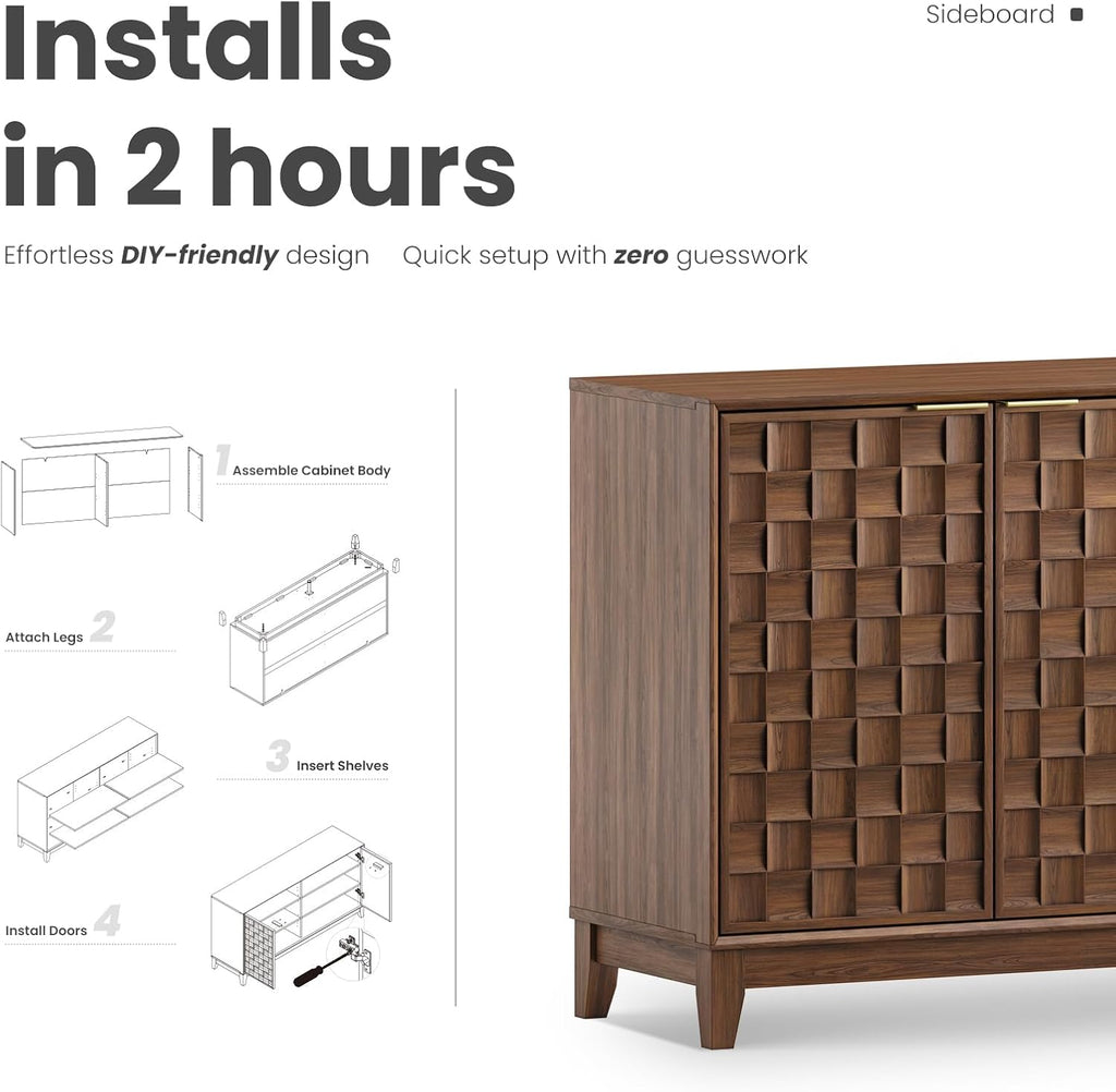 COLAMY 60' Sideboard Buffet Cabinet with Storage, Modern 4-Door Buffet Table with 3D Checkerboard Doors & Solid Wood Legs, Large Coffee Bar Cabinet for Dining Room, Living Room, Entryway, Espresso