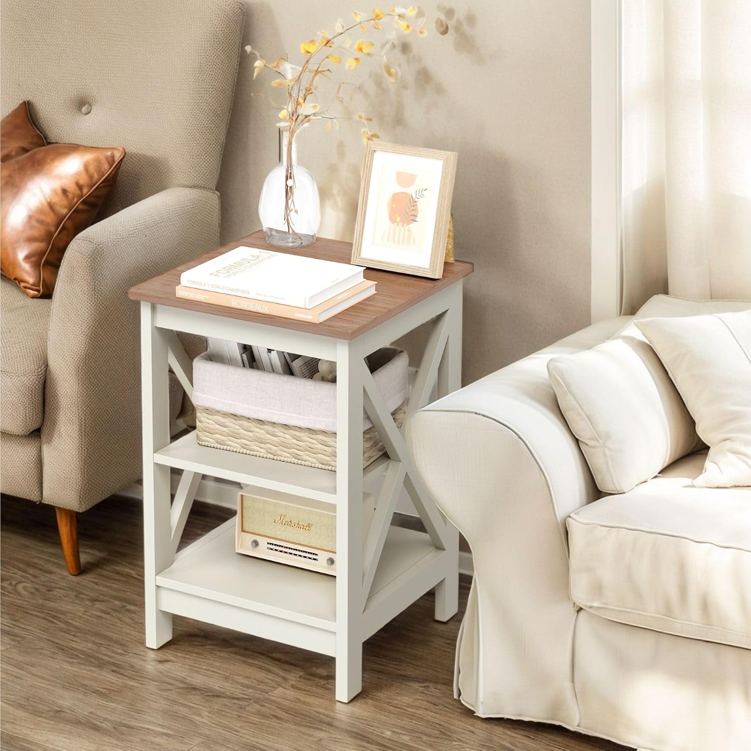 Sophia & William End Tables Bedroom Set of 2, Farmhouse Sofa Side Table with Storage Shelves, Ivory