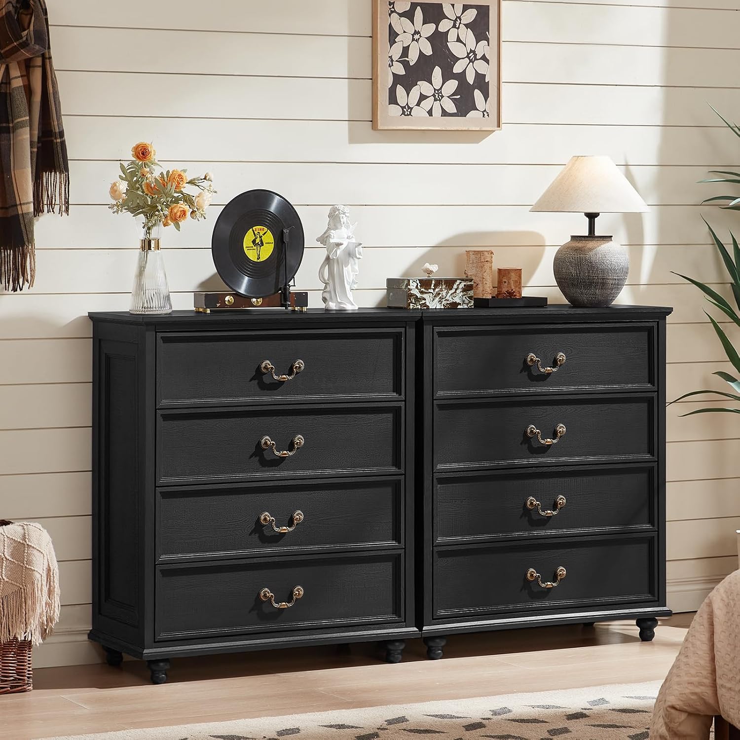Joaxswe Farmhouse 4 Drawer Dresser for Bedroom, 37' Tall Rustic Chests of Drawers w/ 4 Solid Wood Feet, Mid Century Modern Wooden Closet Storage Dressers Organizer for Living Room, Hallway, Black