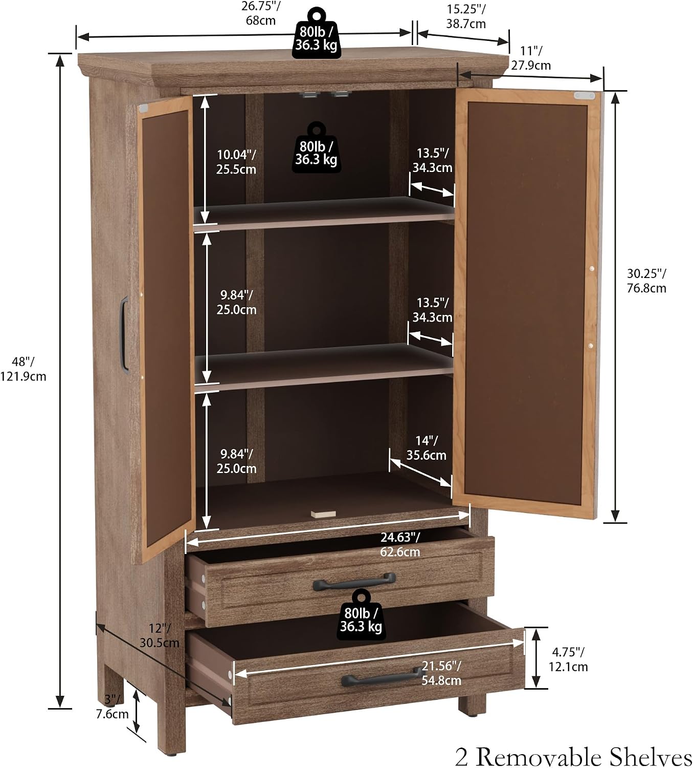COSIEST 48' Tall Farmhouse Accent Cabinet with Doors and 2 Drawers, Rustic Wood Storage Buffet, Embossed Metal Floral Carving Chest with Adjustable Shelves for Living Room, Entryway, Dining Room