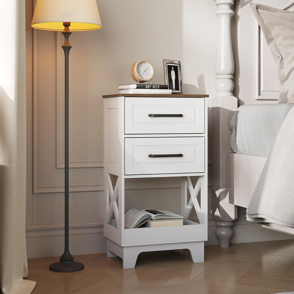 Tall Nightstand Set of 2 Side Table Modern Night Stand with 2 Drawers Wooden Rustic End Table Bedside Table with Upper Open Shelf Solid Feet for Bedroom White+Walnut