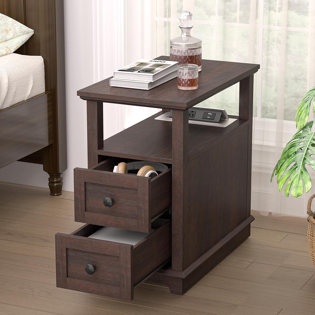 HIFYOBRO Narrow End Table with Flip Top Charging Station, Side Table with 2 Drawers, Type-C & USB Port & Power outlets, Wooden Storage Cabinet, Side Table with Storage for Living Room Bedroom