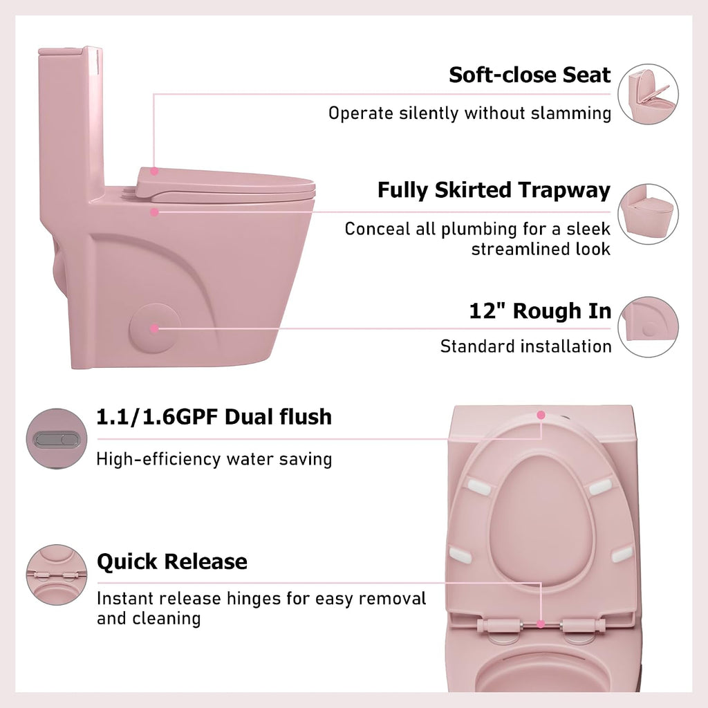 Dual Flush One Toilet, Water Saving Elongated Comfort Height Floor Mounted, Soft Close 1000 Gram Map Flushing SToilet, Rose