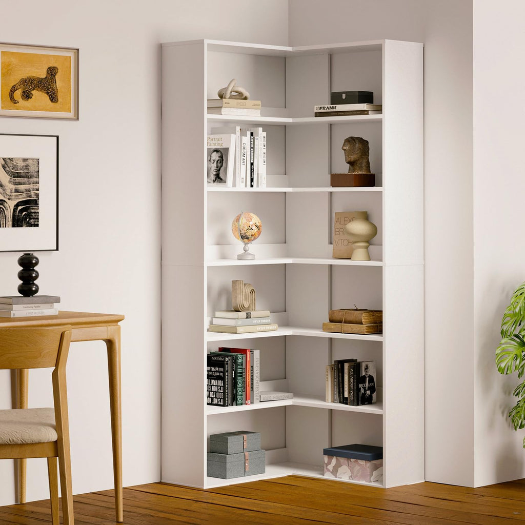 oneinmil Bookcase 6 Tiers with Baffles, Large Corner Bookshelf, 23.62' Storage Display Rack for Living Room Home Office, White