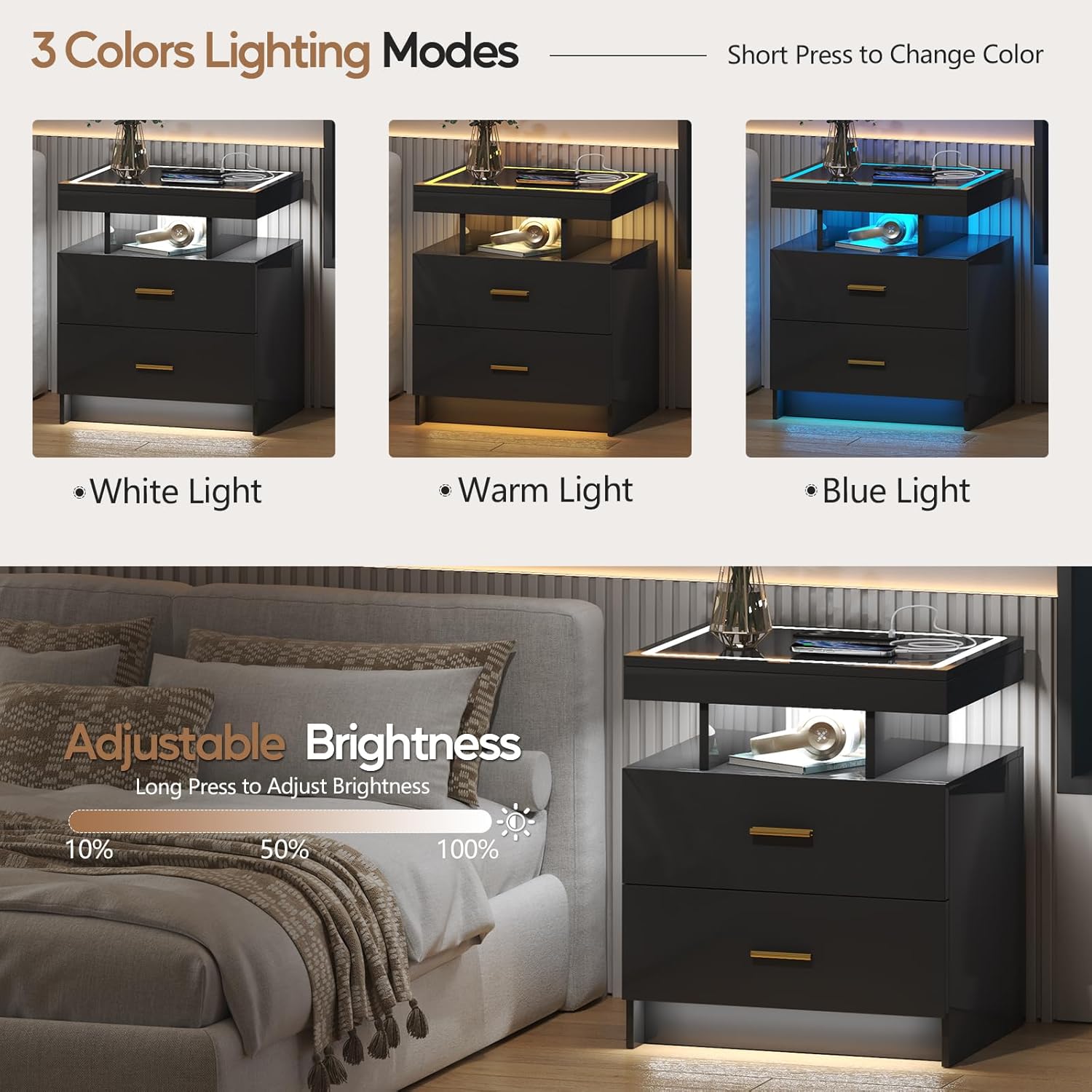 LED Nightstand with Wireless Charging Station,Black Night Stand with 2 Drawers,Glass Top Smart Bedside Table,Modern End Table Side for Bedroom,Living Room,Office
