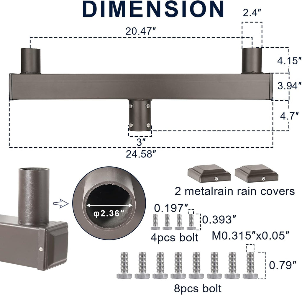 180° Low-Profile Dual-Arm Bullhorn Bracket – 2-3/8' Tenon Adapter for Slip Fitter LED Shoebox, Parking Lot, Area & Street Lights, Heavy-Duty Galvanized Steel Pole Mount with Dark Bronze Finish