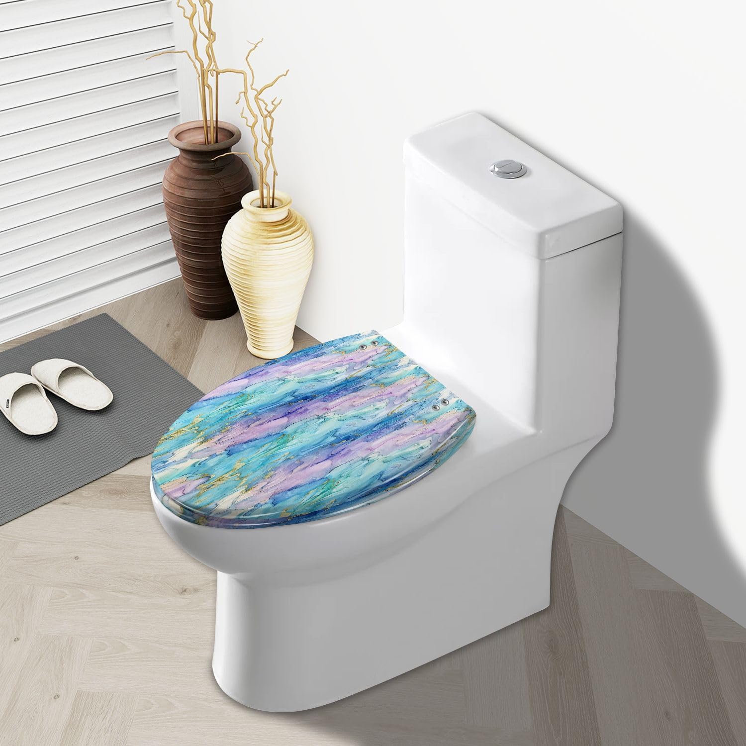 Elongated Toilet Seat Marble Pink Water Color Blue Ink Paint Purple Ink Watercolor Green Resin Toilet Seat Slow Quiet Close Lid with Quick-Release Hinges Cover Bumpers Easy to Clean Install