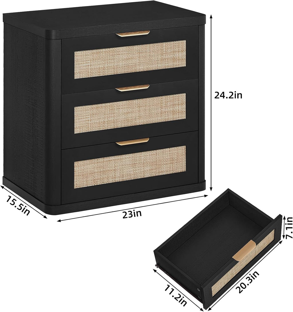 LEYAOYAO Rattan Night Stand Set of 2 with Drawers, 23' Large 3 Drawer Boho Nightstand, Natural Wood Bedside Table Storage Cabinet, Bed Side End Tables Dresser for Bedroom, Living Room, Hallway, Closet