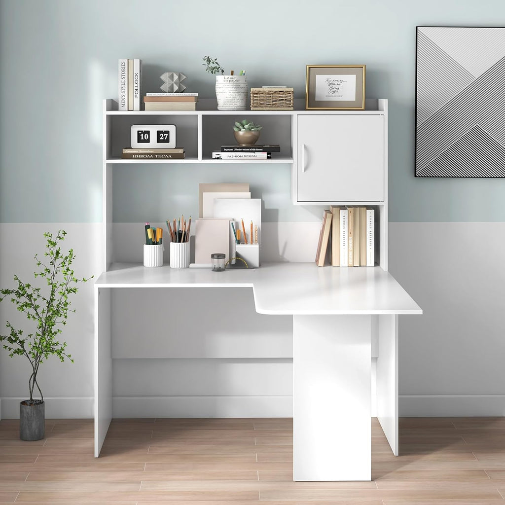 GOFLAME L-Shaped Desk with Open Storage Hutch, Corner Computer Desk with Shelves & Cabinet, Modern Writing Study Desk for Home Office, Laptop PC Desk Gaming Desk, White