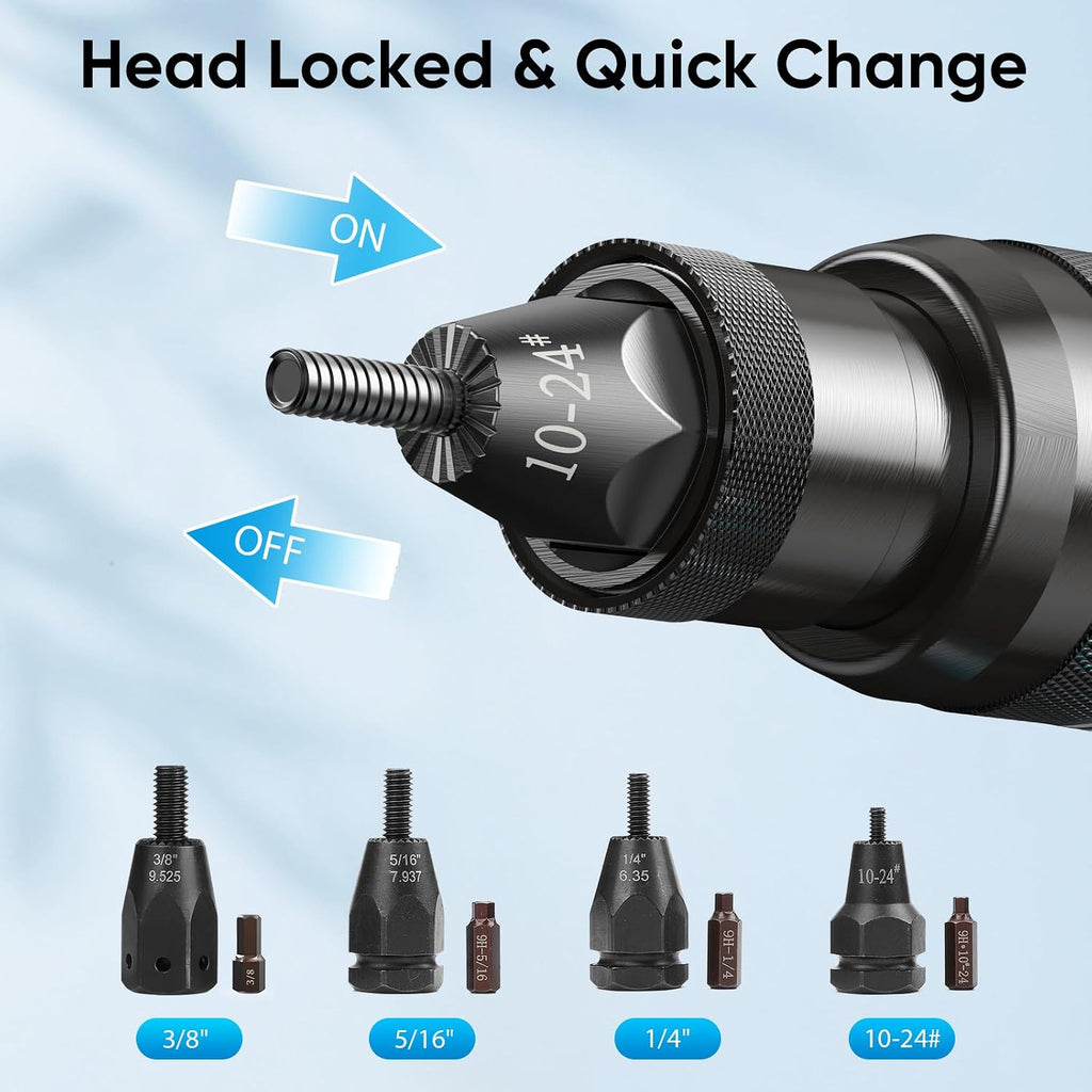 2 in 1 Cordless Electric Rivet/Nut Gun Tool for Nutsert(10/24' & 1/4' & 5/16' & 3/8'),Rivets(1/8'', 5/32'', 3/16'), Portable Battery Powered Pop Rivet/Nut Gun, Auto/Manual Rivet, Two Memory Modes
