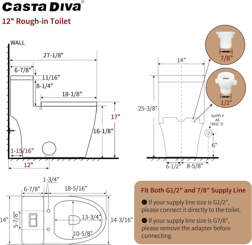 Casta Diva Elongated One Piece Toilet with 17' ADA Comfort Chair Height Seat Compact Toilet for Bathroom Dual Flush 1.1/1.6GPF, 12'' Rough-in, High Efficiency Flush, Standard White Bowl