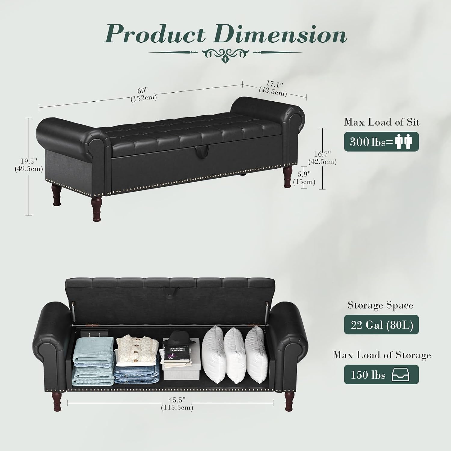 Apicizon 60' Bench with Storage, Queen Size Faux Leather End of Bed Bench with Tufted Button, Ottoman Bench with Rolled Arms & Vintage Rivets for Foot of Bed, Living Room, Entrance, Black