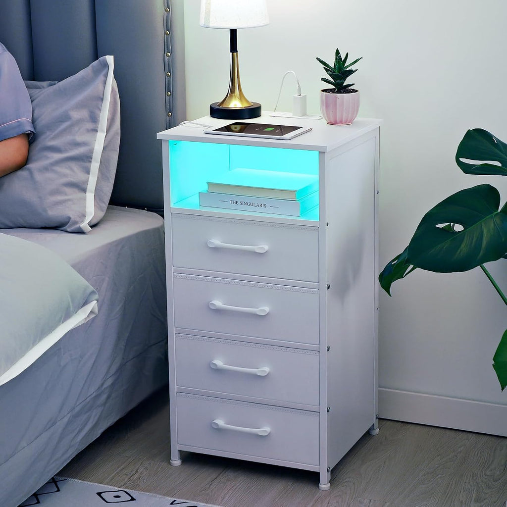 LOAKEKEL Night Stand Set 2, Tall Nightstand with Charging Station for Bedroom with 4 Drawers, LED End Table with USB Ports and Outlets, Bedside Table with Storage Shelf, White, HNS034WT