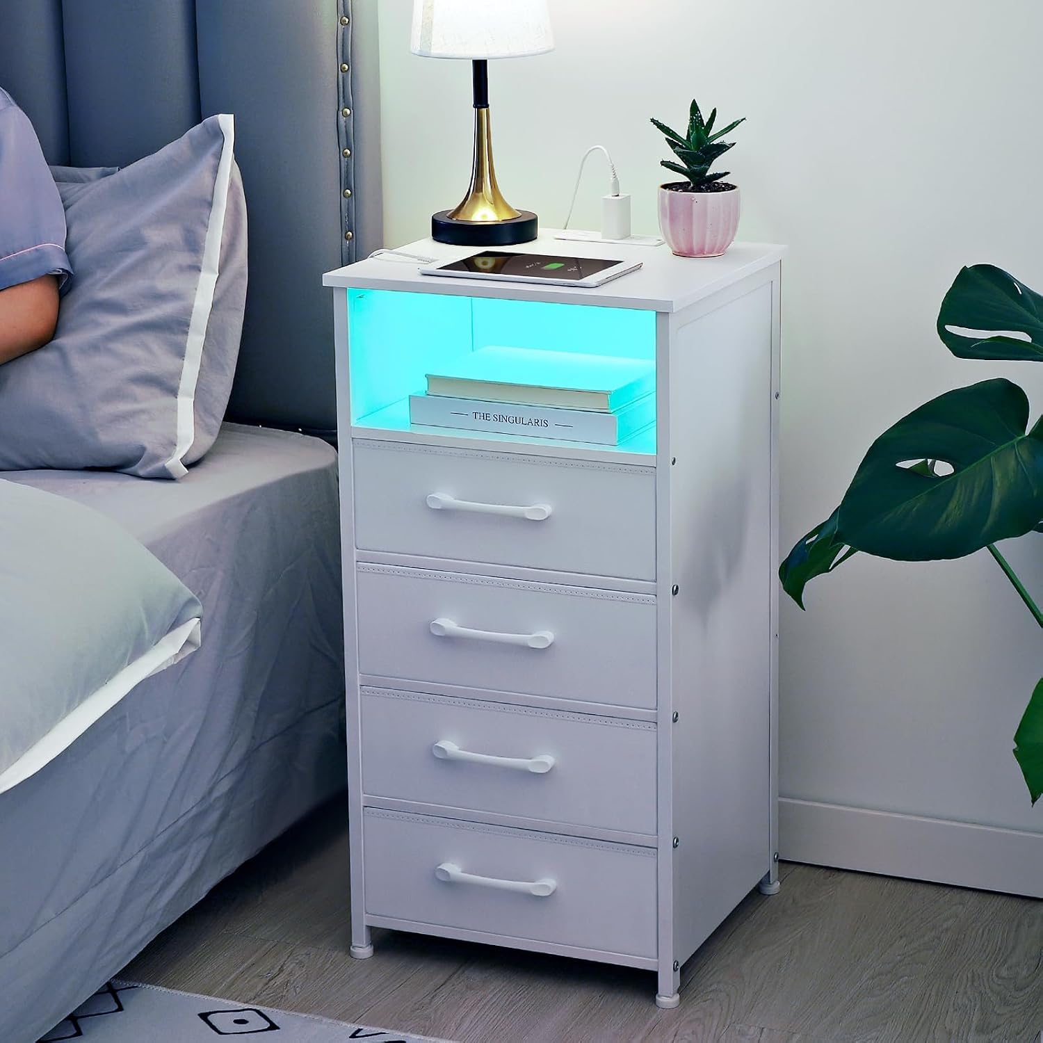 LOAKEKEL Night Stand Set 2, Tall Nightstand with Charging Station for Bedroom with 4 Drawers, LED End Table with USB Ports and Outlets, Bedside Table with Storage Shelf, White, HNS034WT