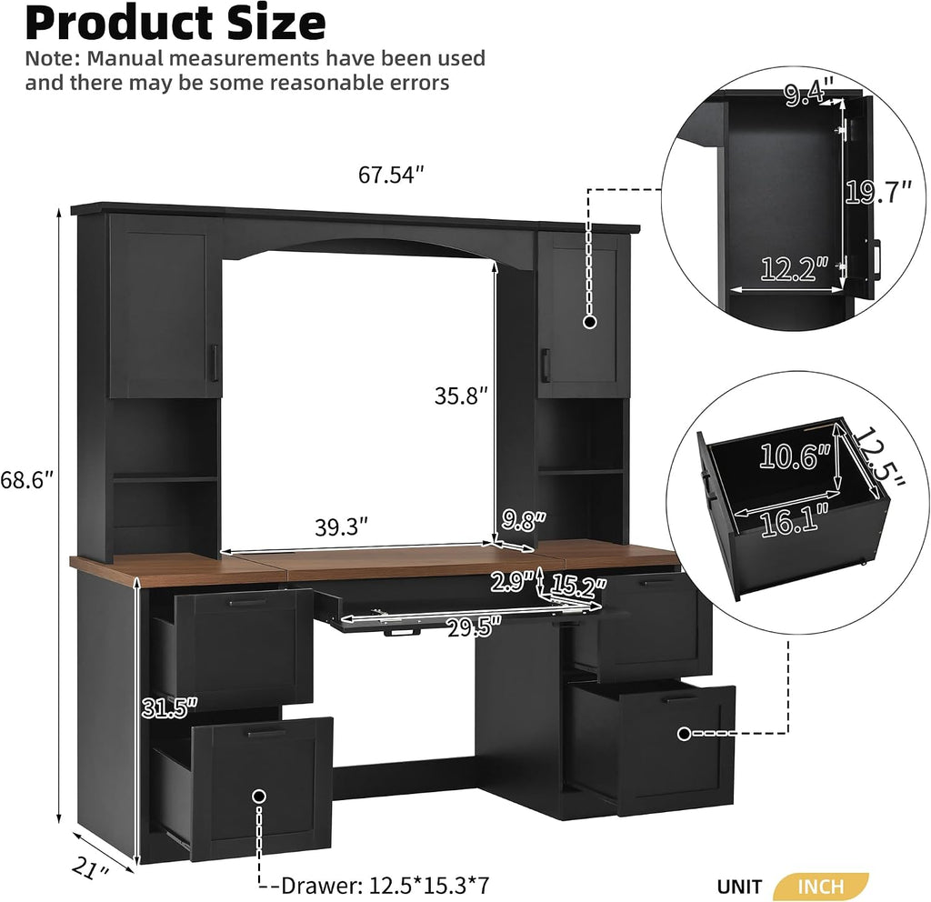 Farmhouse Arched Computer Desk with Hutch,Walnut Home Office Workstation with Charging Station & Keyboard Tray,All-in-One Writing Desk for Study, Office (Black-FA)