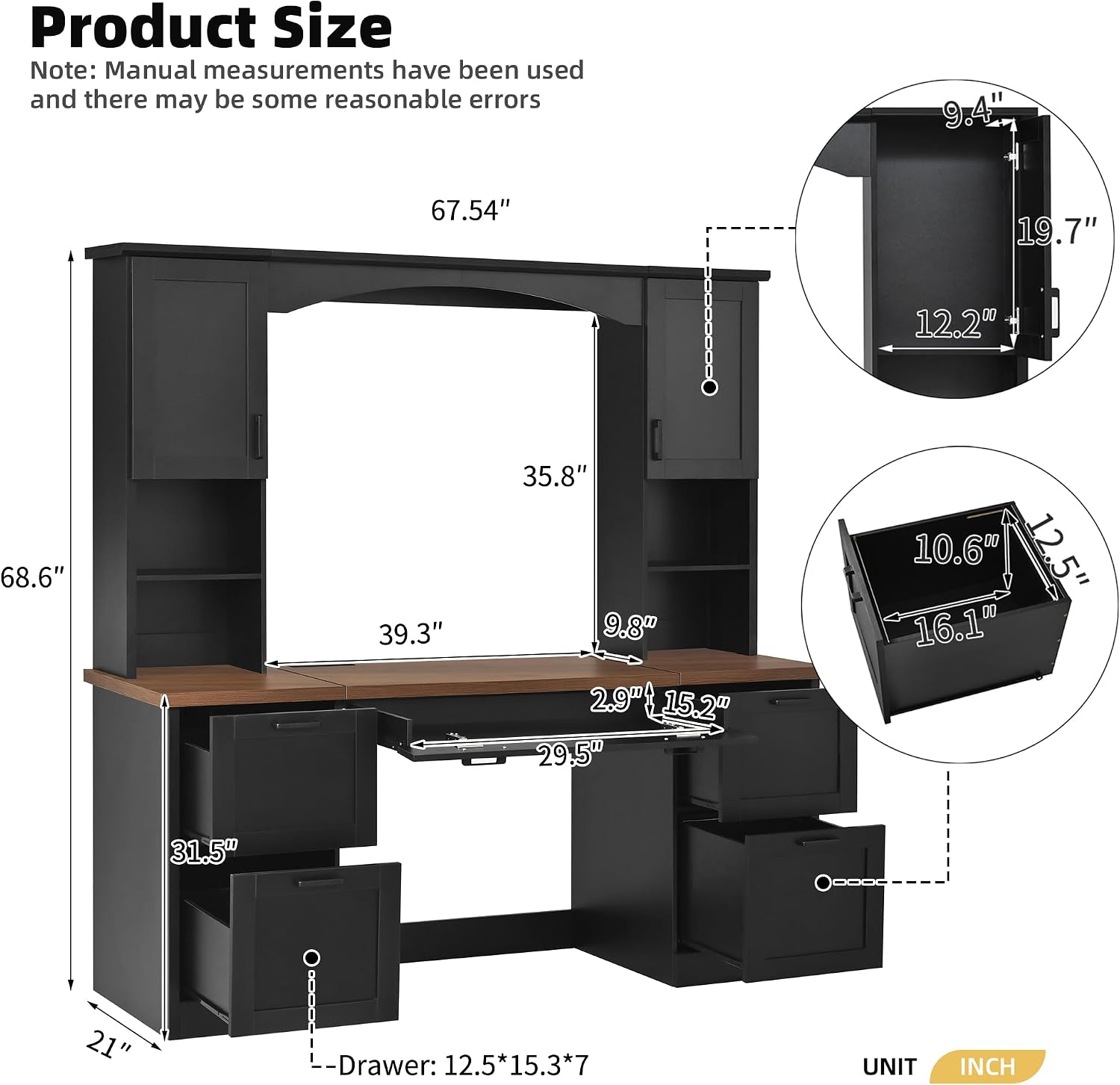 Farmhouse Arched Computer Desk with Hutch,Walnut Home Office Workstation with Charging Station & Keyboard Tray,All-in-One Writing Desk for Study, Office (Black-FA)