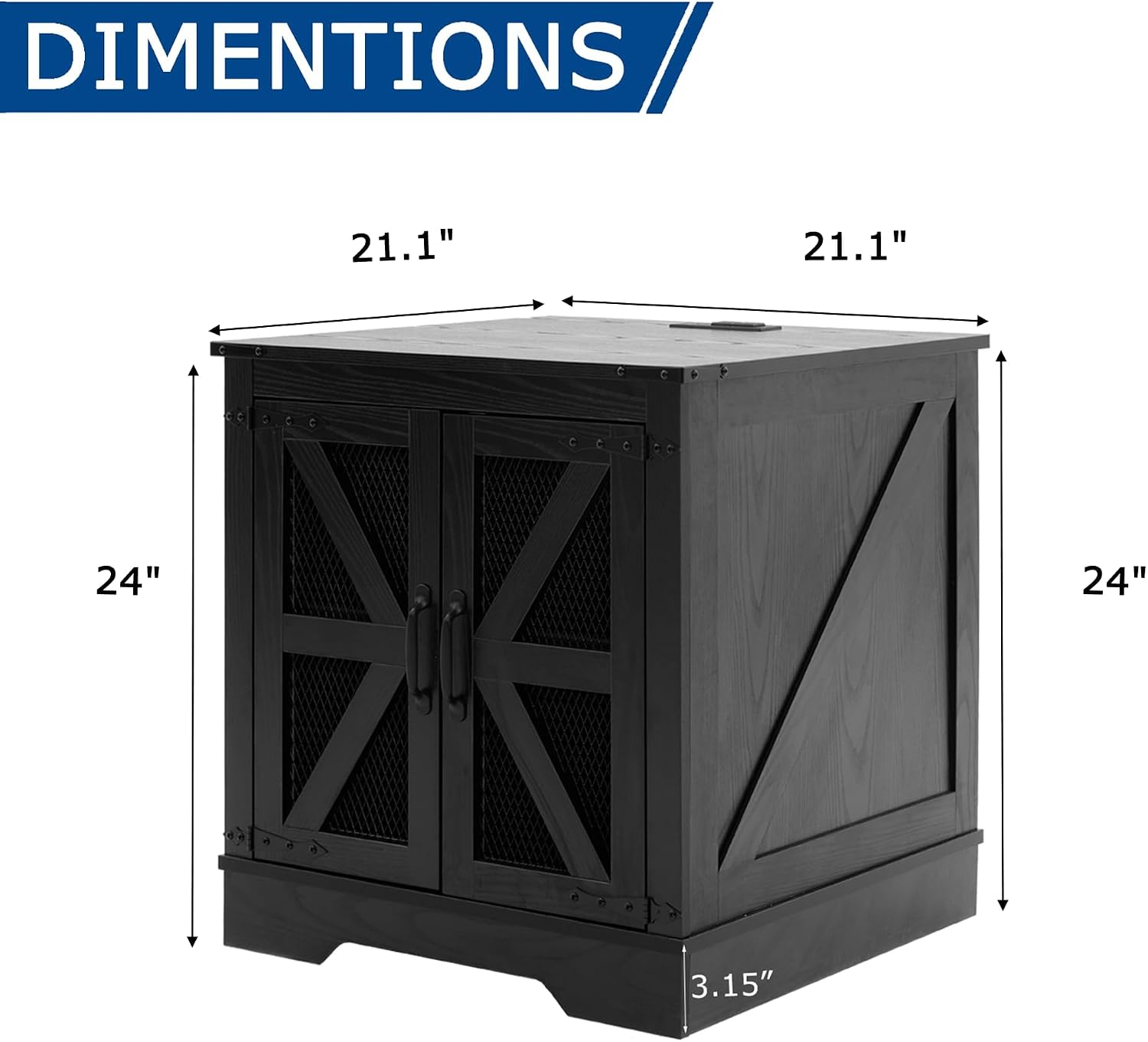 Farmhouse End Table Set of 2 with Charging Station, Living Room Tables with Hidden Storage, Wood Square Sofa Bedside Tables, Night Stand with Power Outlet and Door, Black