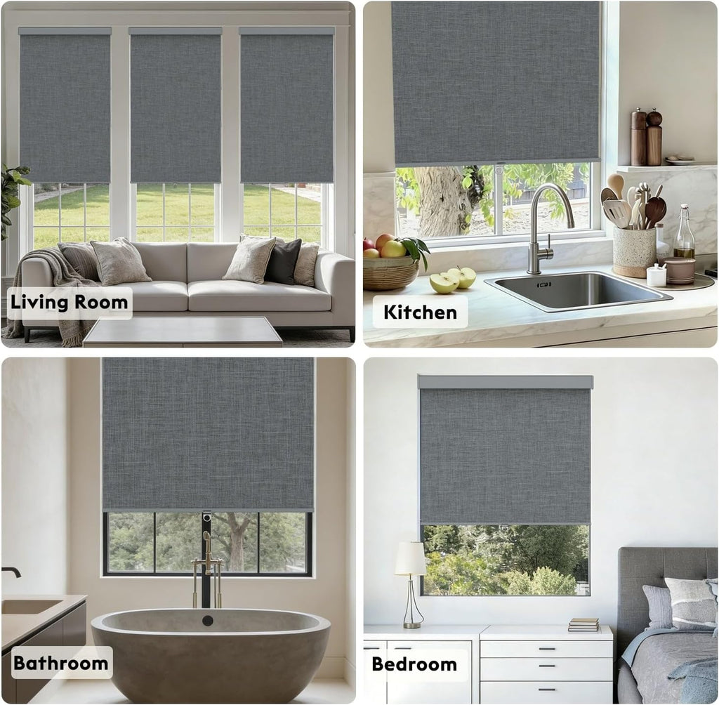 100% Blackout Roller Shades, Free-Stop Cordless Roller Blinds for Windows, Thermal Insulated Linen Fabric Window Shades UV Protection for Home, Door, Grey, 56' W x 72' H