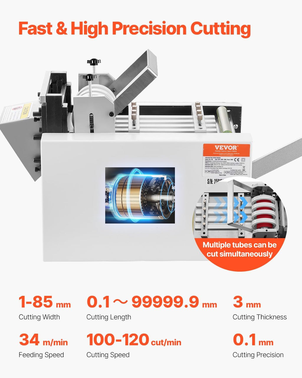 VEVOR Auto Heat-Shrink Tube Cutter, Cable Pipe Cutting Machine with 1mm-85mm Cutting Width, 0.1mm-99999.9mm Length, Automatic Tube Cutter for Heat Shrink Tube, Fiberglass Tube, Cable, Yellow Wax Tubes