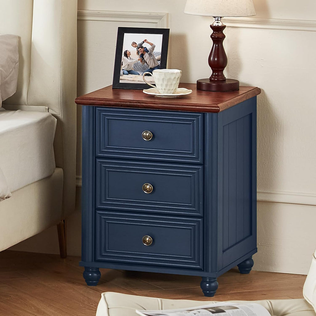 RWYHG 18' Farmhouse Night Stand Set of 2, Blue Wood Nightstand with 3 Drawers, Bedside End Table with Storage and Roman Column, Bed Side Tables Cabinet for Bedroom, Living Room, and Closet
