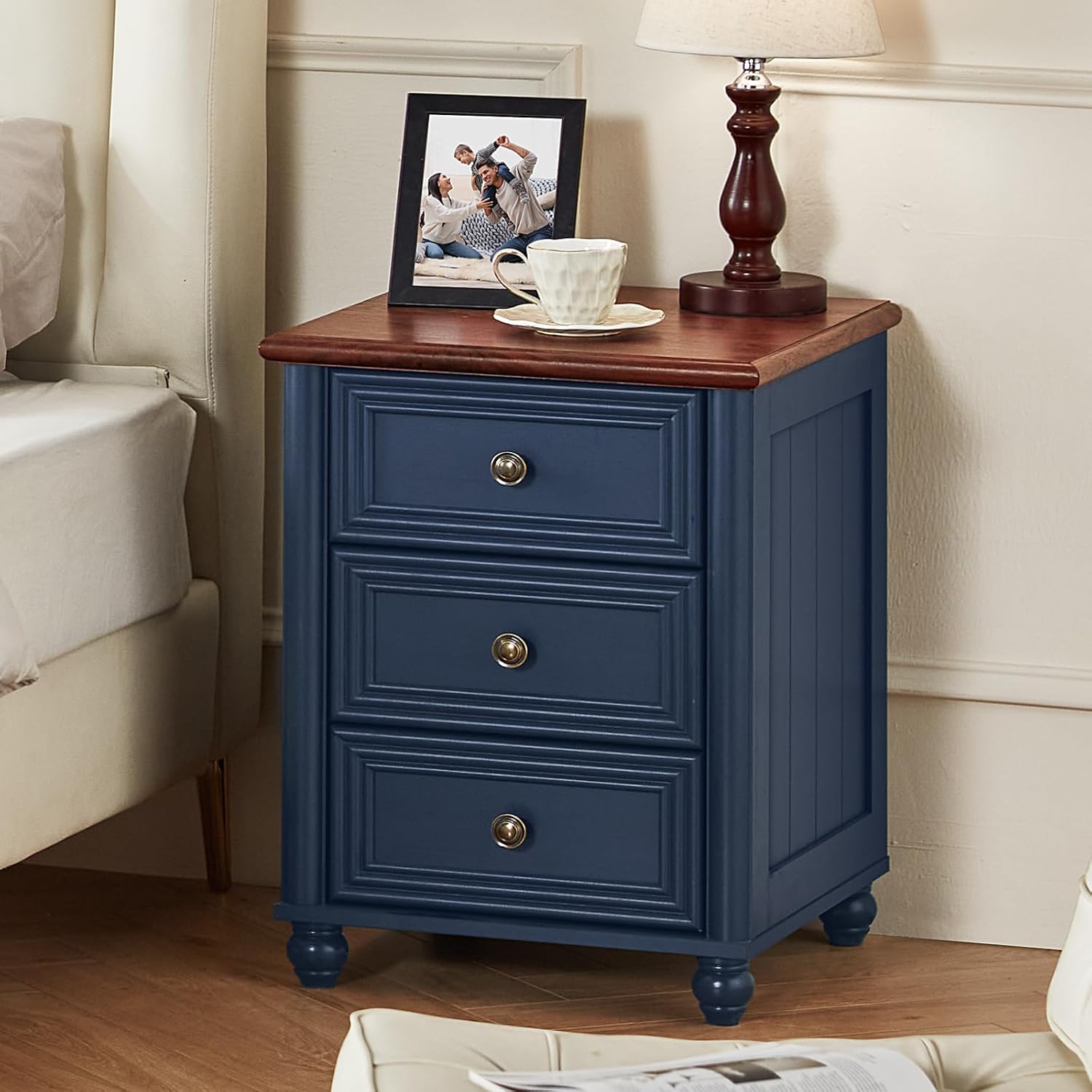 RWYHG 18' Farmhouse Night Stand Set of 2, Blue Wood Nightstand with 3 Drawers, Bedside End Table with Storage and Roman Column, Bed Side Tables Cabinet for Bedroom, Living Room, and Closet