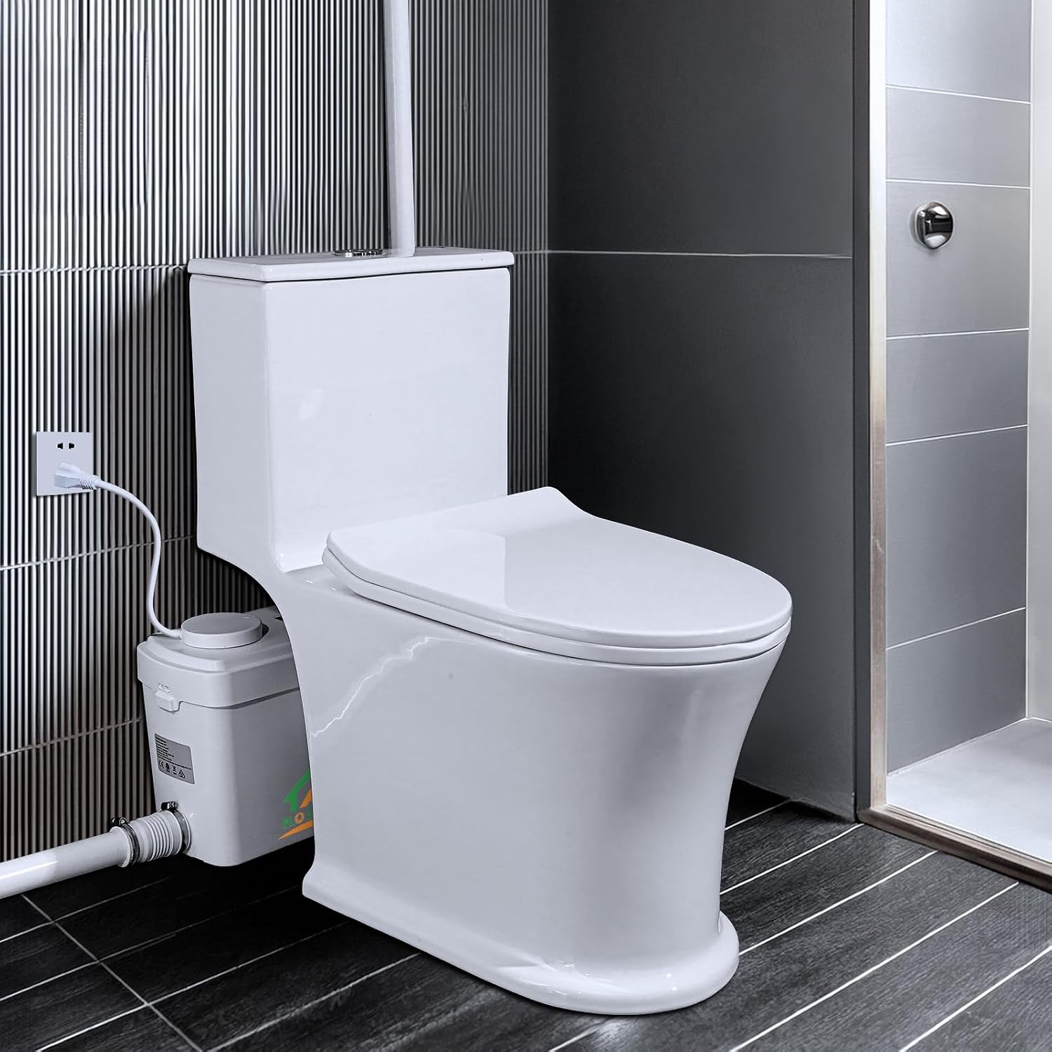 750W High Power Macerating Toilet with Pump for Basement, 36ft Vertical Upflush, 4 Inlets for Basin/Laundry/Shower, Dual-Flush Elongated Chair Height Toilet, Nano-glaze Finished