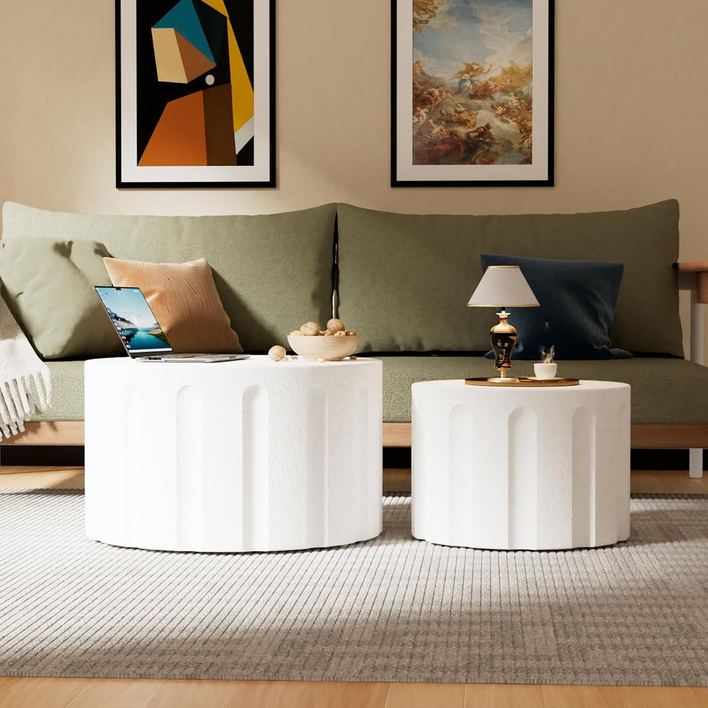 Fluted Round Nesting Coffee Table Set of 2, Modern Unique Circle Coffee Table, Drum Side Tea Table, Space-Saving for Living Room, Bedroom, Balcony, Office, No Assembly (26.77'+19.69' White B)