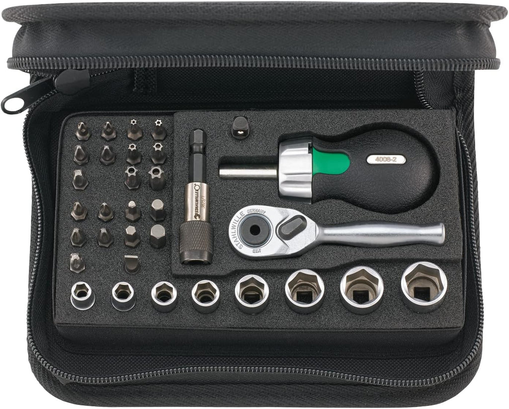 Stahlwille 40/29/4 SCI, 1/4 Inch Socket Spanner Set, Bit Set 33 Pieces, Mini Bit Ratchet, Ratchet Screwdriver Bit Holder, Nuts and Bits in Soft Case, Made in Germany