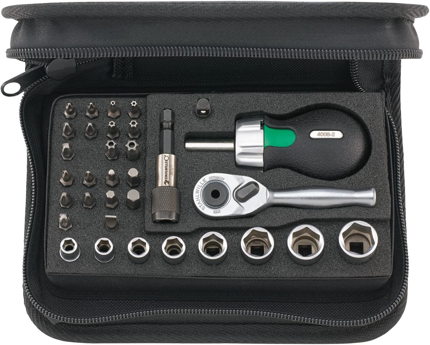 Stahlwille 40/29/4 SCI, 1/4 Inch Socket Spanner Set, Bit Set 33 Pieces, Mini Bit Ratchet, Ratchet Screwdriver Bit Holder, Nuts and Bits in Soft Case, Made in Germany