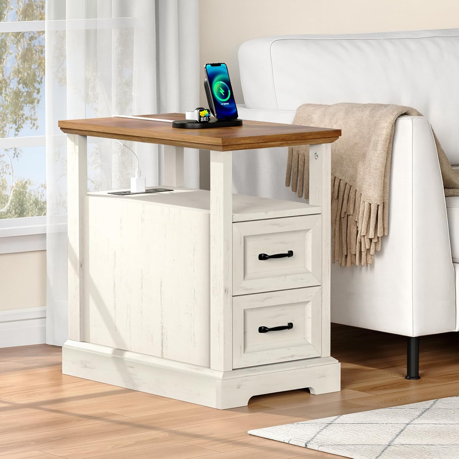 HOMMPA Farmhouse End Table with Charging Station, 23.6'' Rustic End Table w/Storage Drawers & Open Shelf, Wood Sofa Side Table Bedside Table for Living Room Bedroom, Roman Column Design, Rustic White