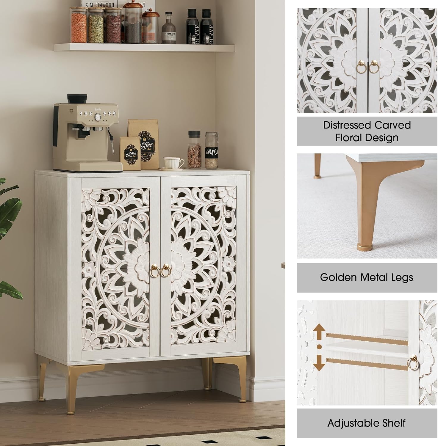 JOINICE Accent Cabinet with Doors, Set of 2, Sideboard Buffet Cabinet with Storage, 31.5' W Buffet Table with Gold Legs and Adjustable Shelf for Living Room, Kitchen, Hallway, White