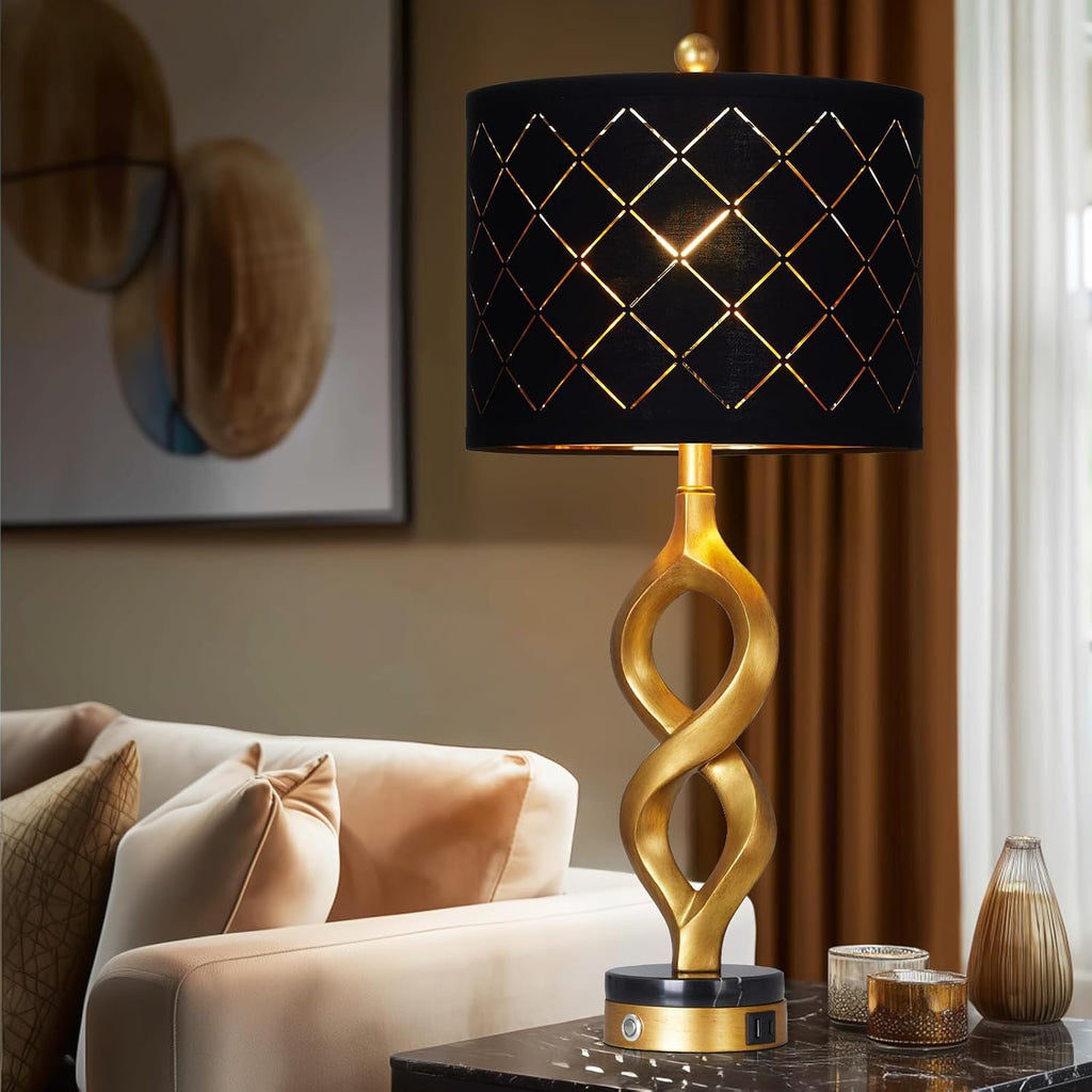 Cinyirong 30' Black and Gold Table Lamps Set of 2 for Bedroom, Modern Touch Control Bedside Lamps for Living Room, 3-Way Dimmable Sculptural Resin Nightstand Lamps with USB A+C Ports and 2 LED Bulbs