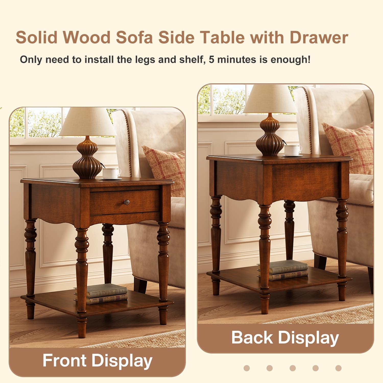 PADMA HOUSE Solid Wood Small End Table with Drawer, Vintage Square Sofa Side Table with Natural Wood Grain Tabletop, Apartment Beside Table with Storage Shelf for Living Room, 18.9 * 24in