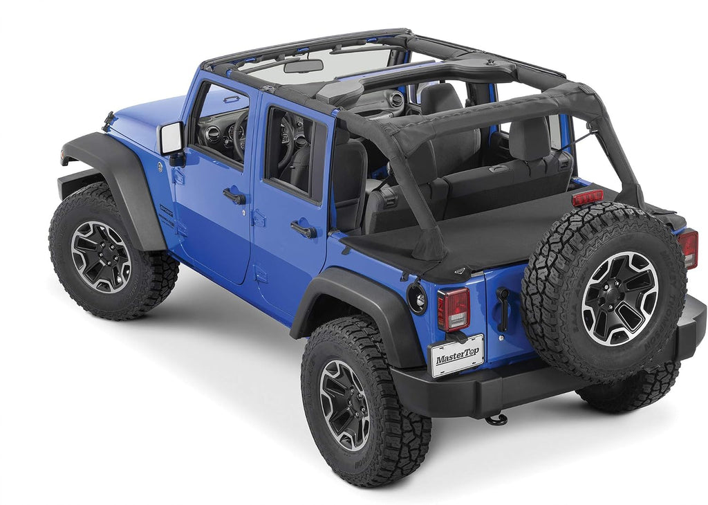 MasterTop 3-Piece Ultimate Summer Soft Top Combo - Bimini Soft Top, Wind Stopper Cab Curtain, and Tonneau Deck Cargo Cover - Fits Jeep Wrangler JK JKU Unlimited 4-Door 2010-2018 - Black MasterTwill