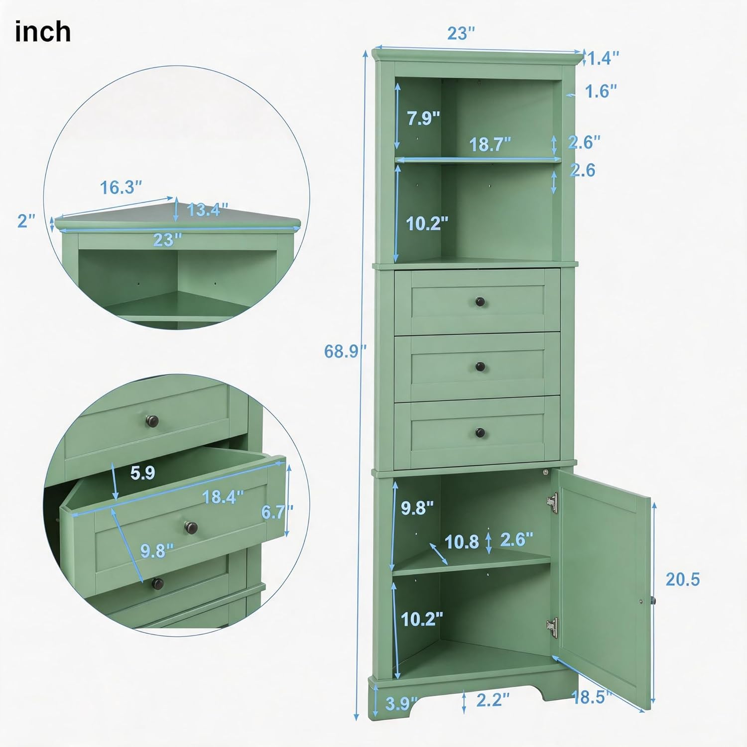 Corner Storage Cabinet with Adjustable Shelves, 68.9 in Tall | MDF, painted finish, adjustable shelves, corner fit, enclosed storage, bathroom, kitchen, 23 W x 13.4 D x 68.9 H in