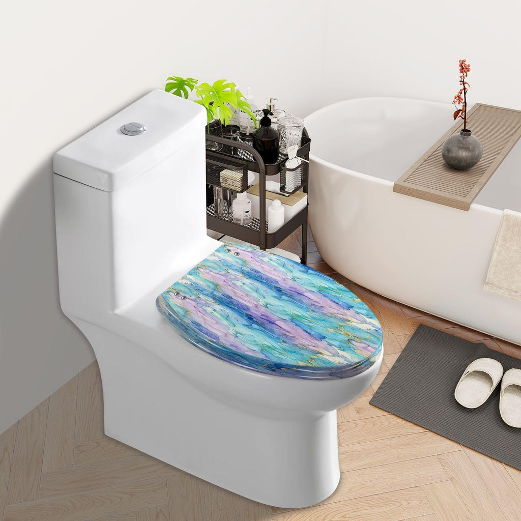 Elongated Toilet Seat Marble Pink Water Color Blue Ink Paint Purple Ink Watercolor Green Resin Toilet Seat Slow Quiet Close Lid with Quick-Release Hinges Cover Bumpers Easy to Clean Install