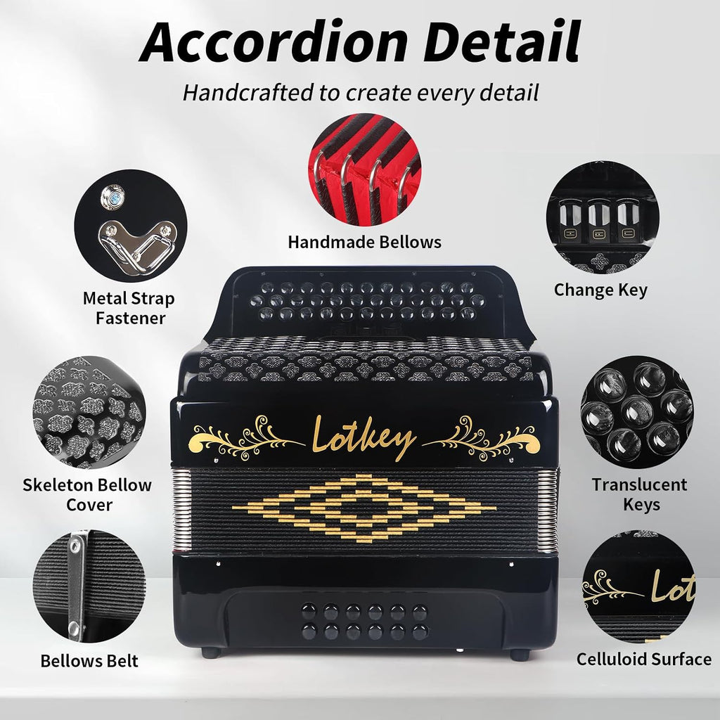 Lotkey 34 Key Diatonic Accordion, 3412 Multi Tone Celluloid Accordions Louder Clearer Timbre than Plastic for Adult, Beginner, Professional with Updated Bag, Straps, Acordeón Wrist Guard (FBE Black)