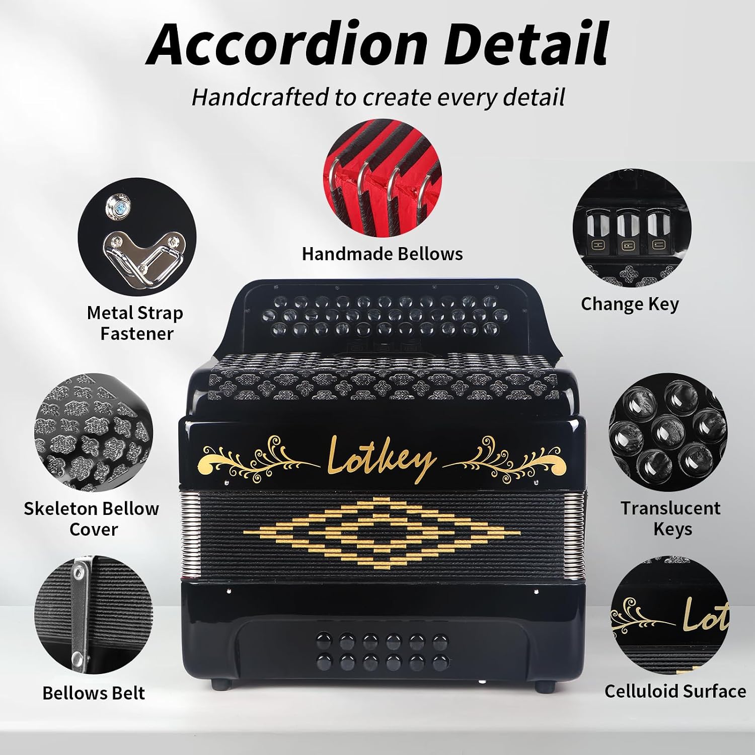 Lotkey 34 Key Diatonic Accordion, 3412 Multi Tone Celluloid Accordions Louder Clearer Timbre than Plastic for Adult, Beginner, Professional with Updated Bag, Straps, Acordeón Wrist Guard (FBE Black)