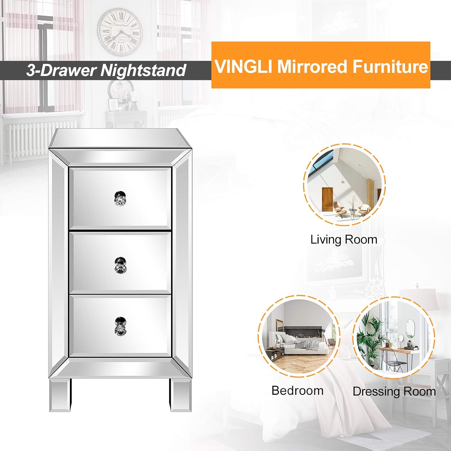 VINGLI Mirrored Nightstand with 3-Drawers Silver Side End Table Mirrored Furniture for Small Space, Bedroom, Living Room