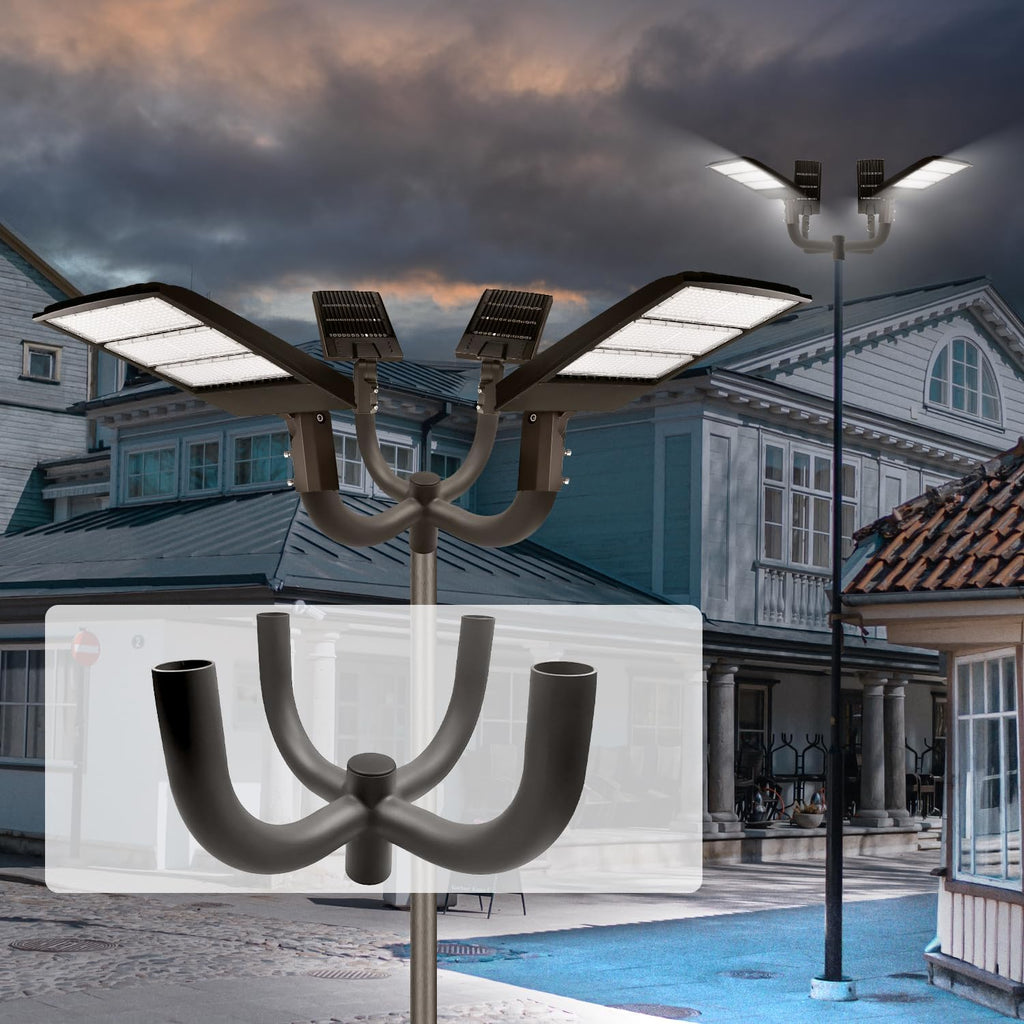 90° Quad Bullhorn Tenon Adapter for 4 Light Fixtures with 2 3/8' Slip Fitter, Bullhorn Bracket with 4 Arms Mounting for LED Parking Lot Light, Outdoor Shoebox Street Lighting, Dark Bronze