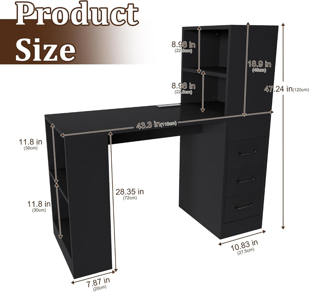 KEIKI L Shaped Computer Desk with 4-in-1 Charging Station, Office Desk with 3 Slide Drawers and 4-Tier Storage Shelves, Modern Wooden Corner Writing Desk for Home Office, Study, Bedroom, Black