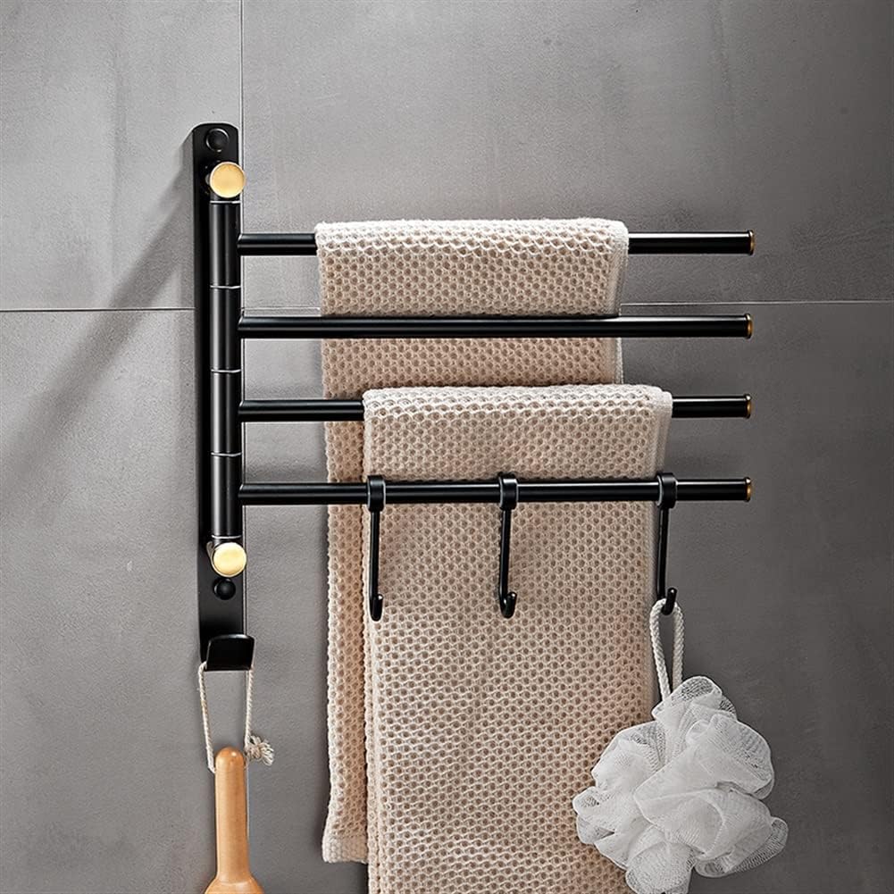 Towel Racks,Towel Holder Towel Rail for Bathroom, All-Copper Bathroom Hand Towel Holder, Brushed Rotating Towel Bar, Bathroom Drying Rack Multi-Rod Hanger/Black Gold 4 Rods with Hooks/a Dign