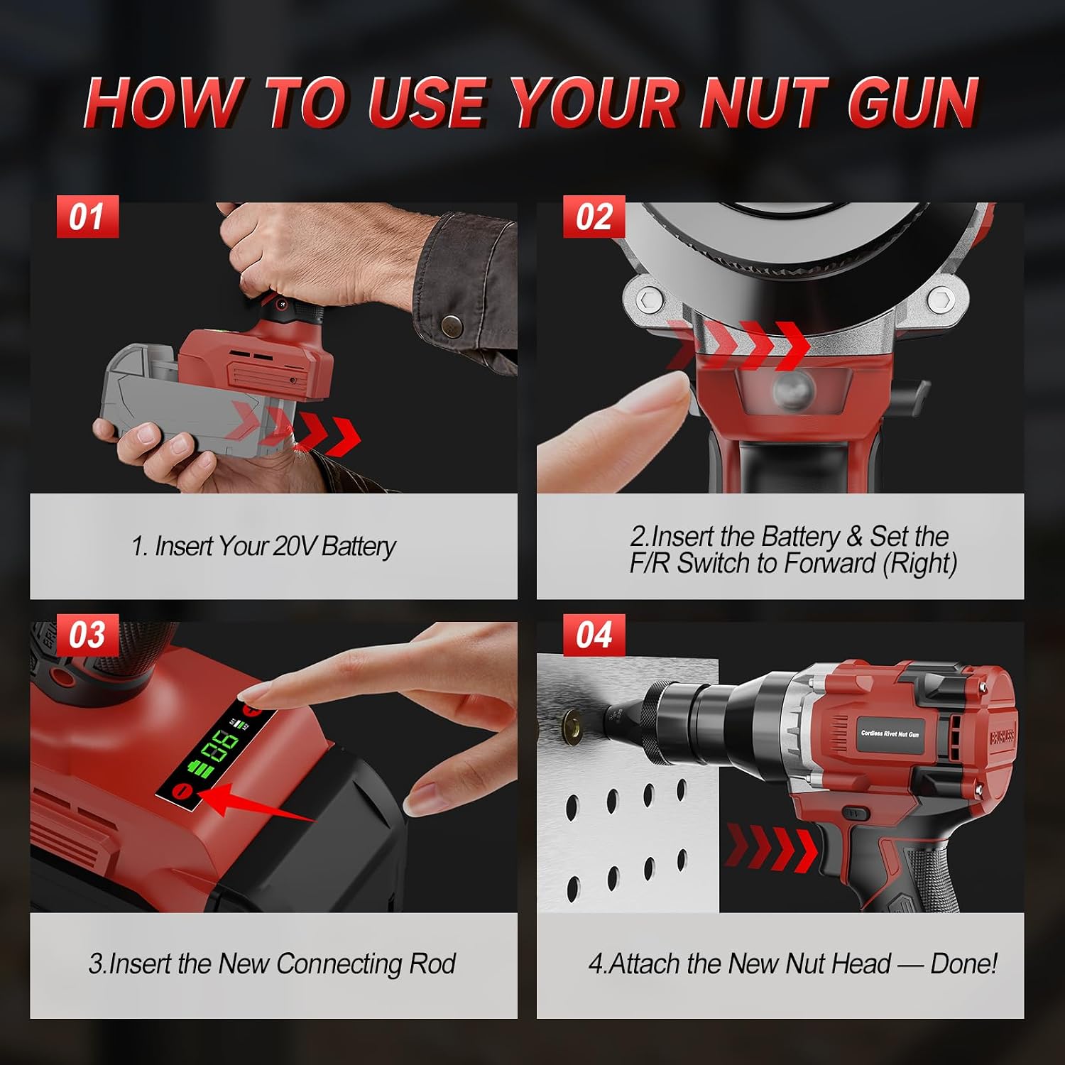 Electric Rivet Nut Tool Kit for Milwaukee 18V Battery(Not Included Battery), Rivet Nut Gun with 1/4', 5/16', 3/8' Head, Rivnut Gun with Auto Mode & Memory Function, for Metal Fabrication & Car Repair