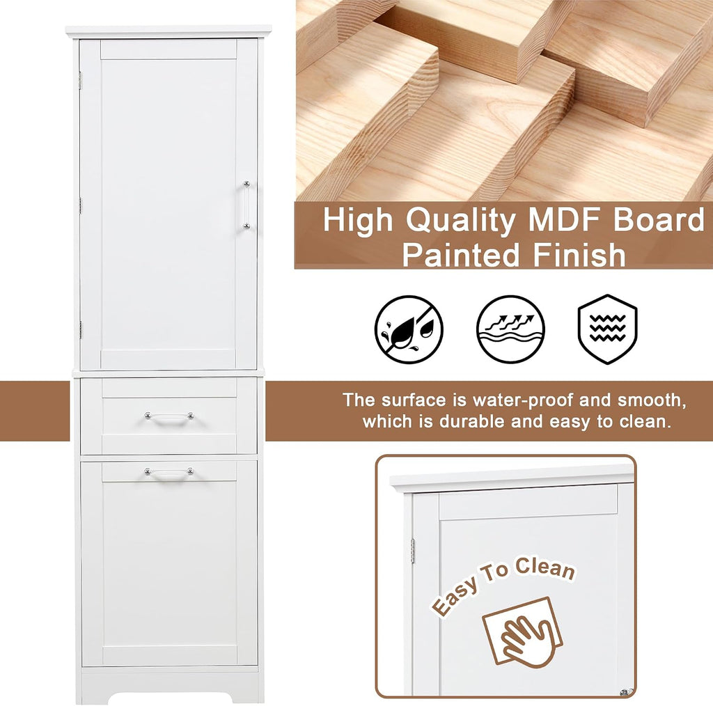 Bathroom Storage Cabinet with Adjustable Shelf, 68.4 in Tall | MDF, painted finish, adjustable shelf, enclosed storage, acrylic handles, anti-tip kit, bathroom, 20 W x 13.5 D x 68.4 H in