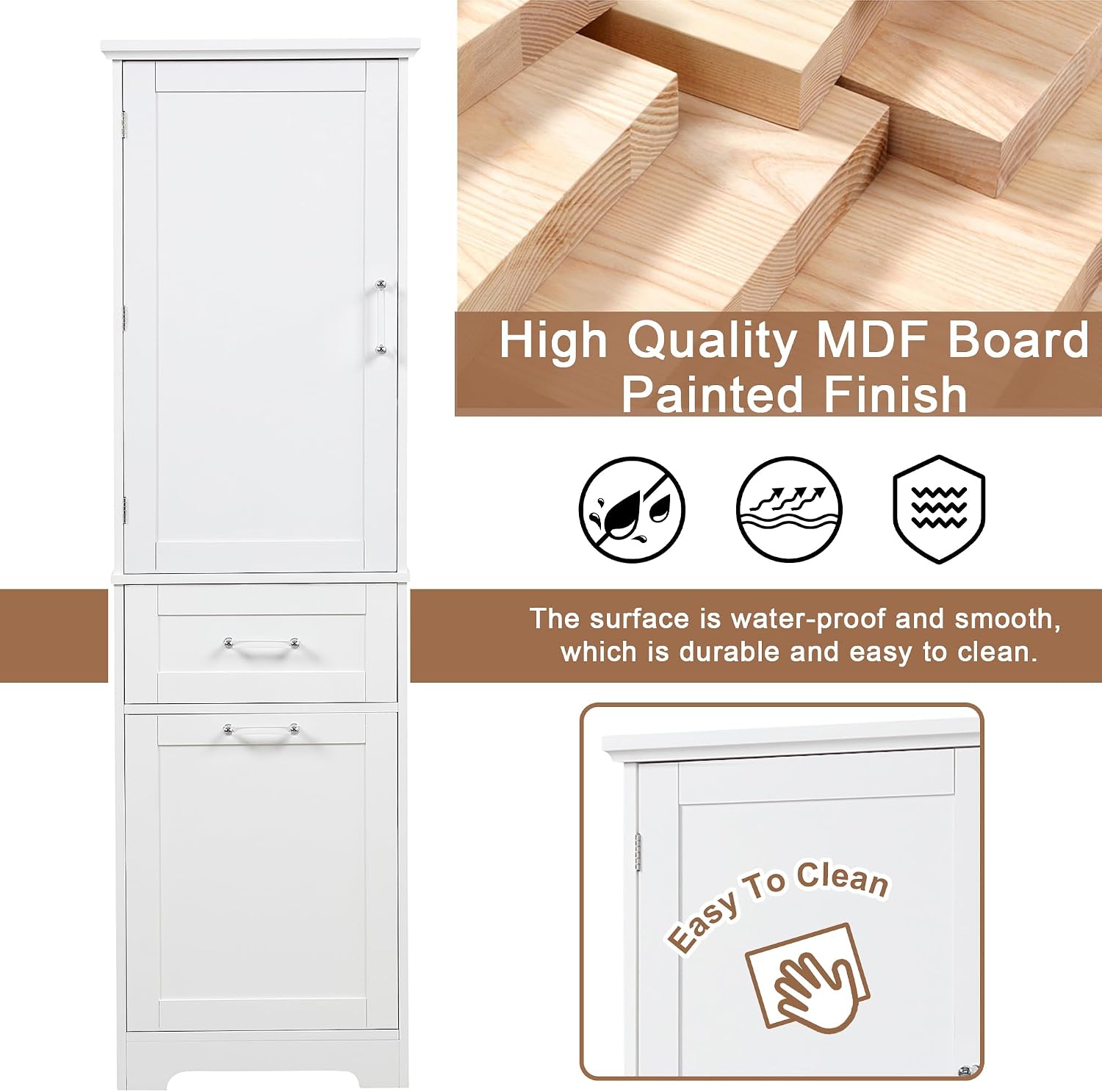 Bathroom Storage Cabinet with Adjustable Shelf, 68.4 in Tall | MDF, painted finish, adjustable shelf, enclosed storage, acrylic handles, anti-tip kit, bathroom, 20 W x 13.5 D x 68.4 H in