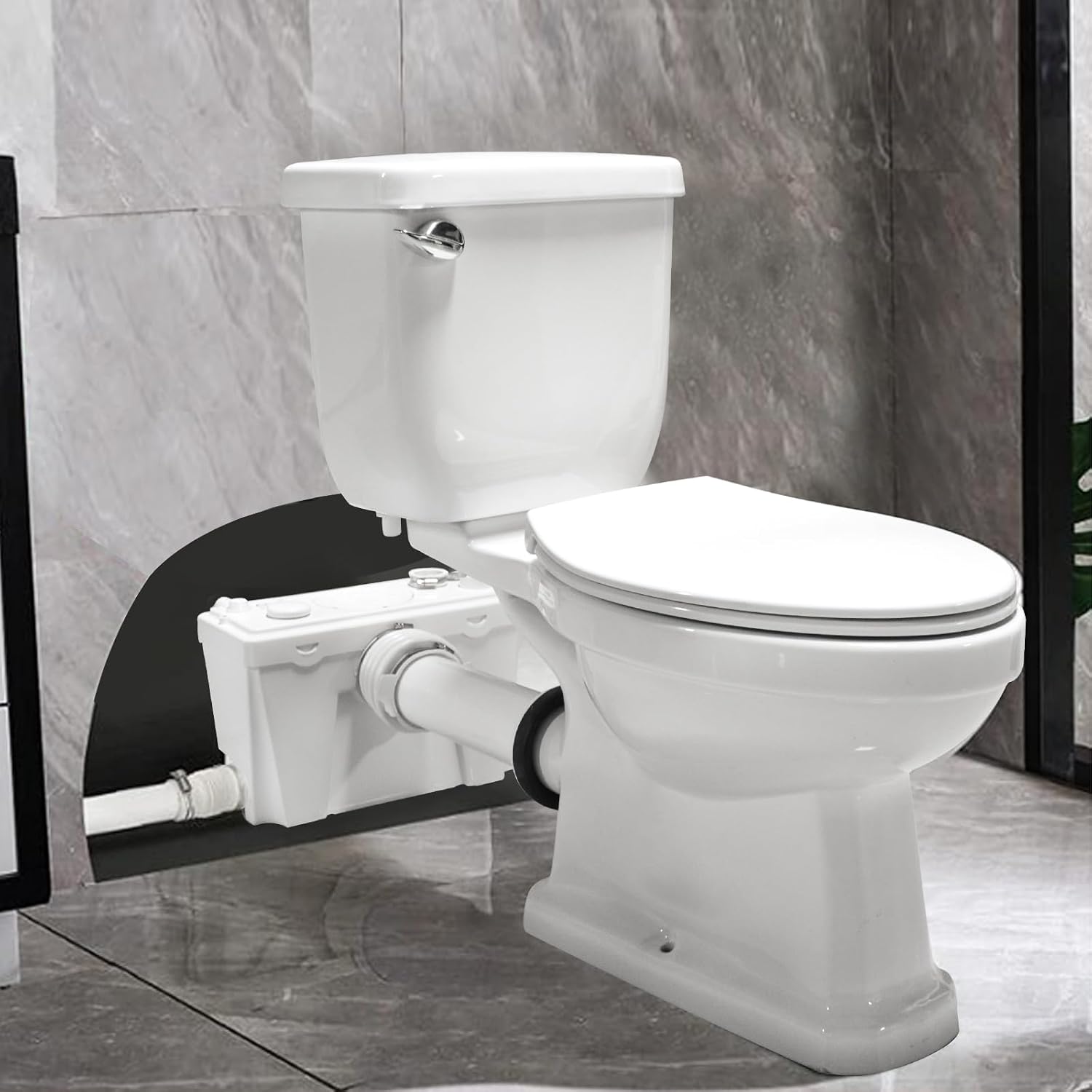 500W Two-Piece Upflush Macerating Toilet for Basement with Elongated Bowl & Extension Pipe